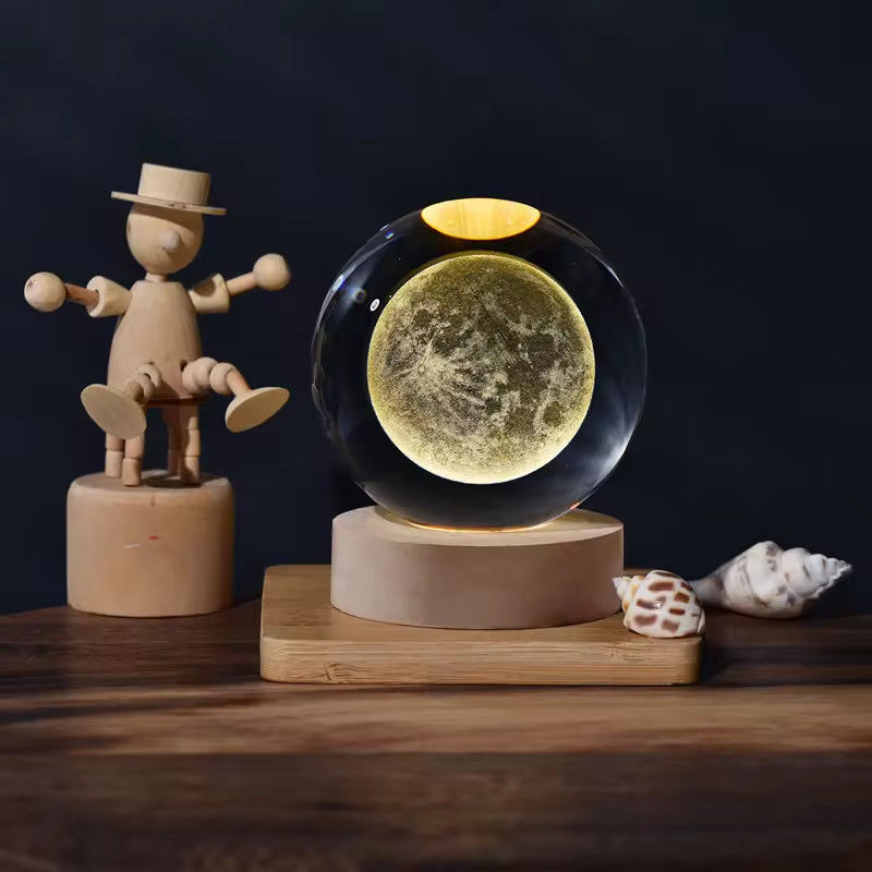6cm 3D Sanat Kristal Top Gece Işığı Doğum Günü Hediye Gece Işığı Ahşap Işık Tabak Lamba Dekorasyonu